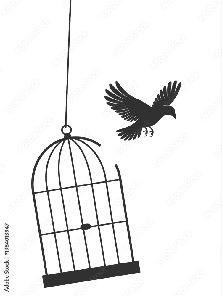 Fototapeta premium Bird in cage vector illustration of birdcage silhouette with animal freedom and prison concept, flying bird, vintage metal cage design