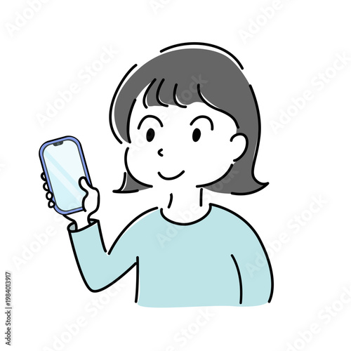 スマートフォンを持ちOKサインをするウインク笑顔の女性のシンプルイラスト（スマホ・確認・成功・満足・人物素材） /
Smiling woman holding a smartphone simple illustration (mobile, confirmation, success, satisfaction, people)