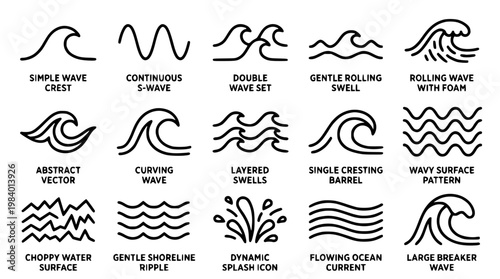 Various vector wave designs and ocean graphics illustrations