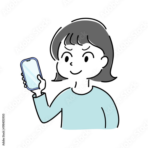 スマートフォンを持ちやる気に満ちたの女性のシンプルイラスト（スマホ・確認・成功・満足・人物素材） /
Motivated smiling woman holding a smartphone simple illustration (mobile, motivation, success, satisfaction, people)