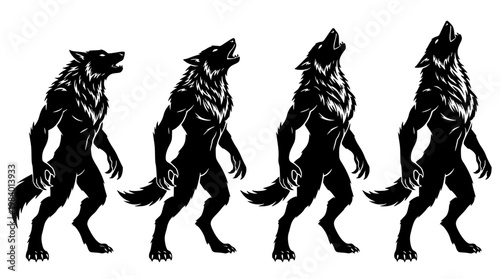 Four black wolves howling in a vector graphic illustration
