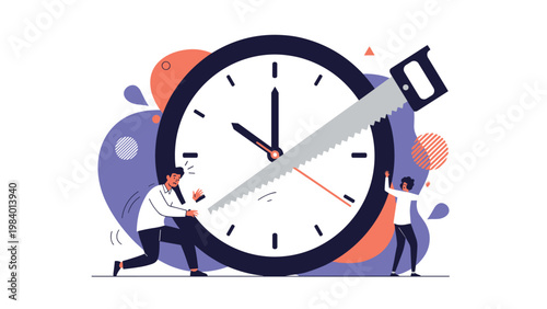 Stressed business employees attempting to slow down time by using a giant saw to cut through a massive clock face together.