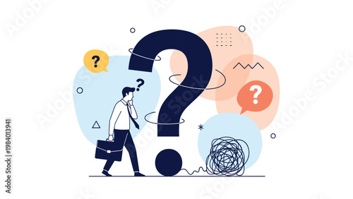 Confused businessman walking past a giant question mark while surrounded by chaotic thoughts and complex problem solving.