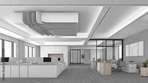 Modern office interior with workstations and minimalist design elements