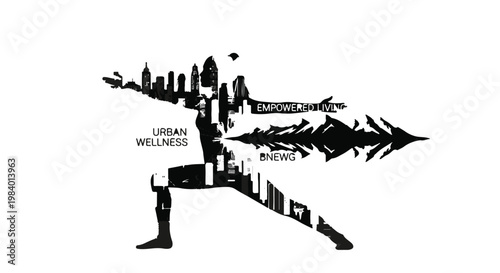 Dynamic silhouette of a person in yoga pose merging urban cityscape with natural landscape