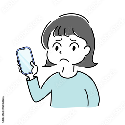 スマートフォンを見て困る女性のシンプルイラスト（スマホ・トラブル・悩み・不具合・人物素材） /
Worried woman looking at smartphone simple line illustration (mobile trouble, problem, error, confusion, people)