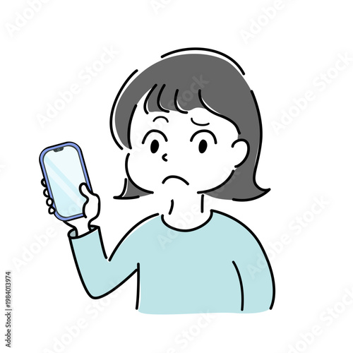 スマートフォンを見て困る女性のシンプルイラスト（スマホ・トラブル・悩み・不具合・人物素材） /
Worried woman looking at smartphone simple line illustration (mobile trouble, problem, error, confusion, people)