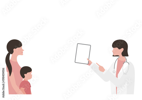 母親と男の子にタブレットで説明をする女医のベクターイラスト素材