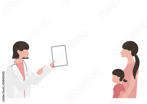 母親と女の子にタブレットで説明をする女医のベクターイラスト素材