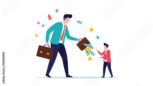 Generous mentor shares financial wealth by pouring coins and banknotes from his briefcase for a young protege.