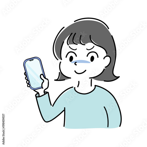 スマートフォンを見て不穏な顔の女性のシンプルイラスト（スマホ・陰険・企み・不穏・トラブル・不安・人物素材） /
Woman plotting something evil smirking looking at smartphone simple line illustration (mobile trouble, mistake, stress, anxiety, people)