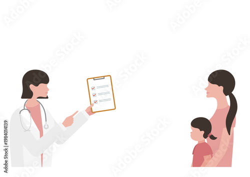 母親と女の子にチェックリストを見せる女医のベクターイラスト素材