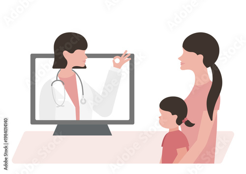 オンライン診療で母親と女の子にOKサインをする女医のベクターイラスト素材