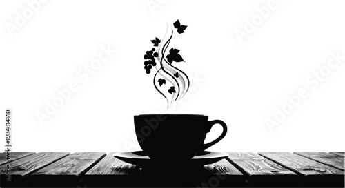 Aromatic steam rises from a silhouetted cup of hot beverage with decorative leaves