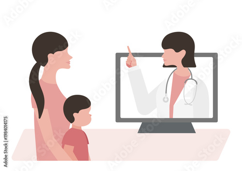 オンライン診療で母親と男の子に指差し説明をする女医のベクターイラスト素材