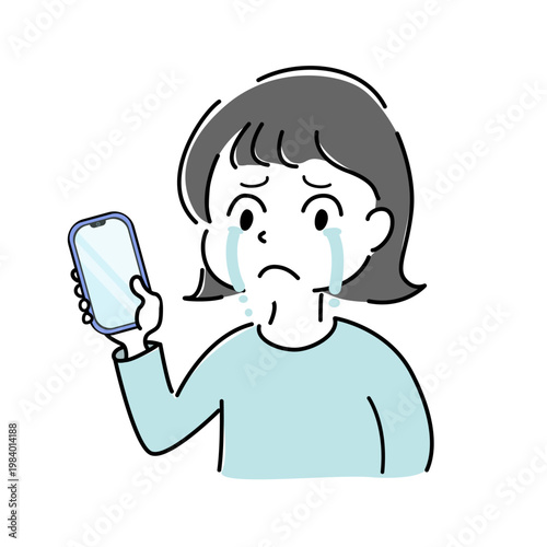スマートフォンを見て涙する女性のシンプルイラスト（スマホ・トラブル・悩み・不具合・人物素材） /
Crying woman looking at smartphone simple line illustration (mobile trouble, sad, problem, error, confusion, people)