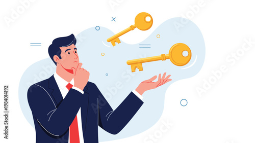 Thoughtful executive pondering solutions as golden keys float above his hand symbolizing access and opportunity.
