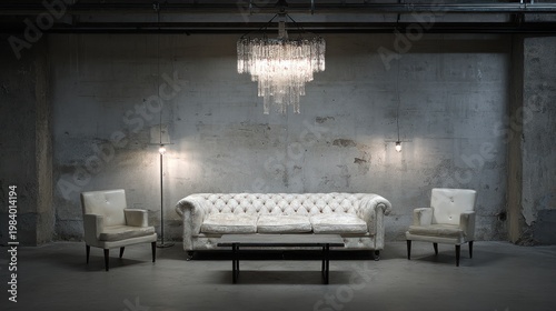 Elegant living room interior with a chandelier and modern furniture