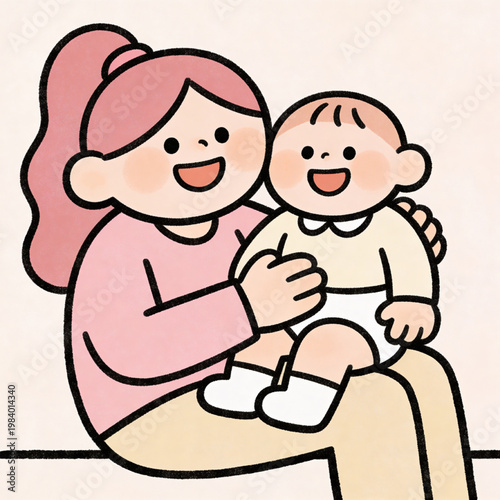 Joyful Bonding: A mother shares a tender moment with her smiling baby, their embrace radiating love and care. Capturing the pure bliss and affection between parent and child.