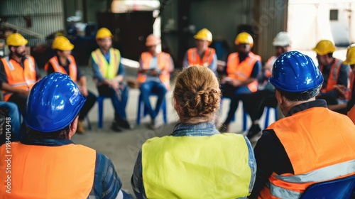 Support group of workers in a safety meeting, sitting in a circle, focus on someone speaking, industrial safety culture