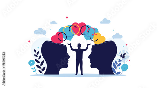 Empathetic mediator connecting two minds with colorful hearts to facilitate understanding and healthy emotional relationships.