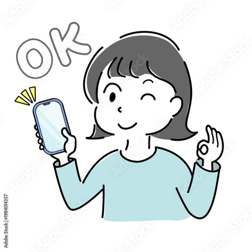 スマートフォンを持ちOKサインをするウインク笑顔の女性のシンプルイラスト（スマホ・確認・成功・満足・人物素材） /
Winking smiling woman holding a smartphone and showing OK gesture simple illustration (mobile, confirmation, success, satisfaction, people)