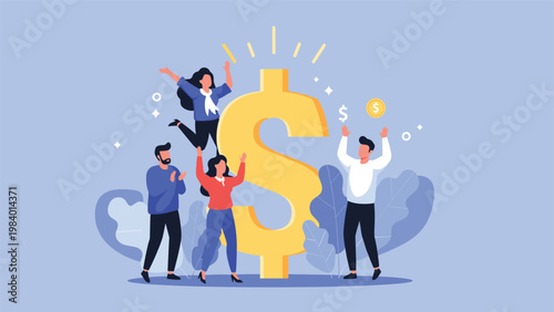 Enthusiastic team celebrating financial success and big profits around a massive golden dollar sign icon.
