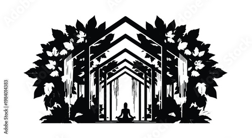 Silhouette of a person meditating in a serene, symmetrical architectural structure surrounded by lush foliage.