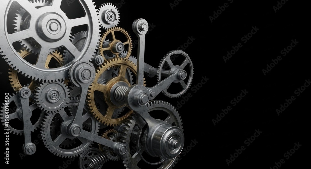 Obraz premium A complex mechanical gear system with metallic gears and a golden gear on a black background.