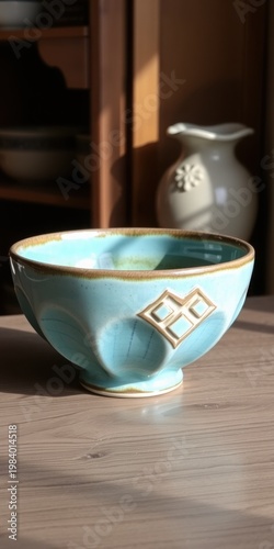 ceramic bowl with decorative design on wooden table