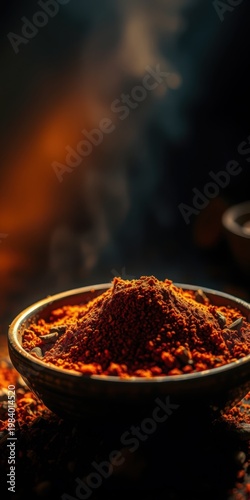 A bowl of ground spices on a dark background with warm lighting