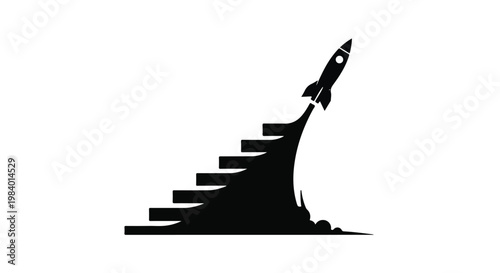 Rocket blasting off from stairs symbolizing rapid growth and successful launch into the future.