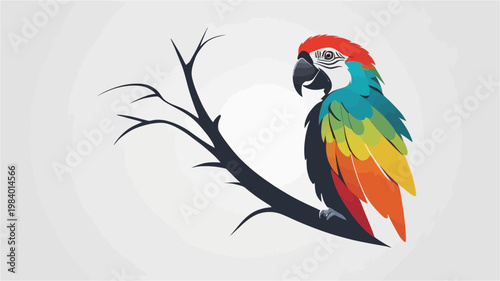 Colorful parrot perched on a bare branch in a vector graphic illustration
