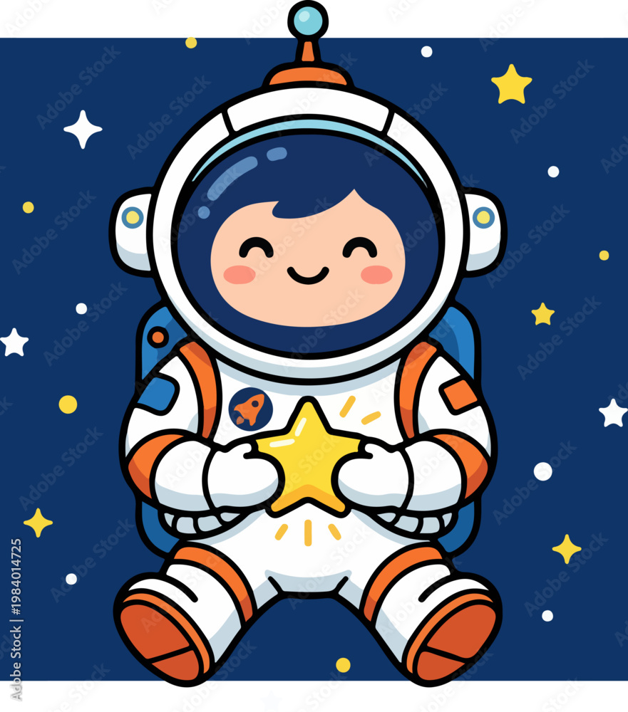 Naklejka premium Cute astronaut holding a star in outer space with stars.