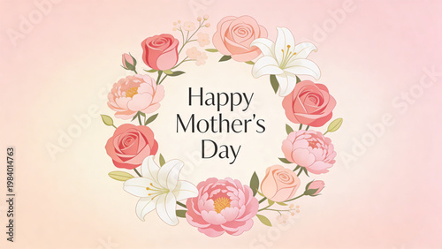 Happy Mother's Day: A vibrant floral wreath, encircling the words Happy Mother's Day, conveys heartfelt sentiment and affection. A perfect tribute, celebrating maternal love with elegance and grace.