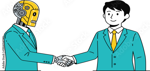 Future Technology Concept Illustration Showing Human Businessman Shaking Hands with Robot in Business Suit Representing AI Collaboration, Partnership, and Human-Machine Interaction