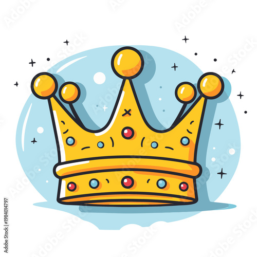 Colorful crown illustration with jewels and stars on a blue circle background design