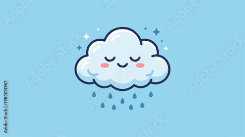 Cute cartoon cloud with raindrops and sparkling stars on blue background.