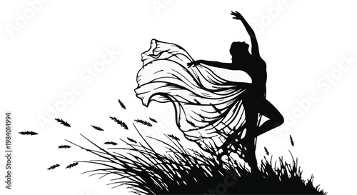 Graceful dancer moves freely in a wind-swept meadow, embodying freedom and movement.