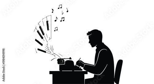 Creative inspiration flows from a writer's typewriter into musical notes.