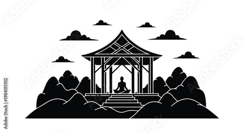 Serene silhouette meditating in a tranquil pavilion surrounded by stylized nature and clouds.