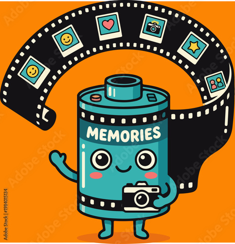 Cute cartoon film roll character holding a camera with memories.