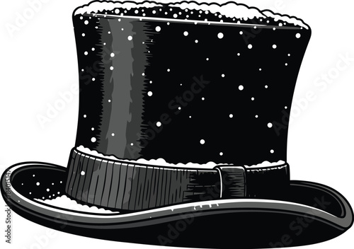 Snowy black top hat with white snowflakes and frosty brim and crown