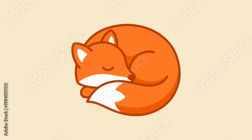Cute cartoon fox curled up sleeping peacefully on a light background.