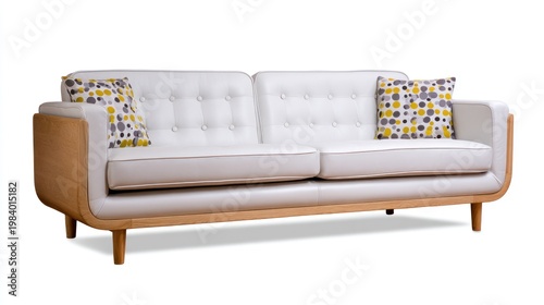 Modern white sofa with wooden frame and decorative pillows isolated