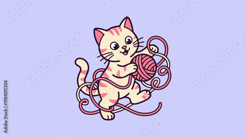 Cute cartoon kitten playing with a ball of yarn on a purple background.