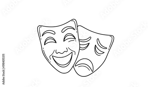 Comedy and tragedy theatre masks linear vector with editable stroke isolated on white outline design