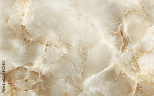 Polished granite surface with warm neutral tones and crystalline details. Beige travertine-style marble background for high-end interior design.