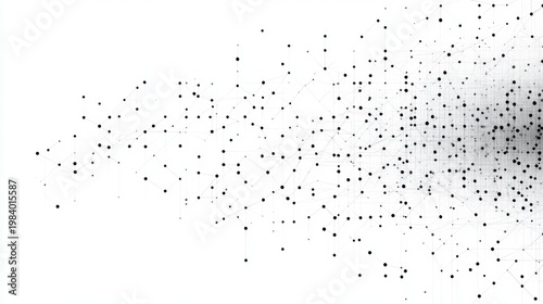 dense cluster of black nodes and thin connecting lines dispersing into a sparse network on white background conveying dynamic connectivity and complexity