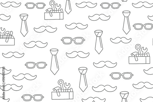 fathers day seamless pattern, dad elements background, mustache tie tools glasses illustration, hand drawn doodle design, masculine pattern, daddy theme wallpaper, monochrome outline vector, repeating